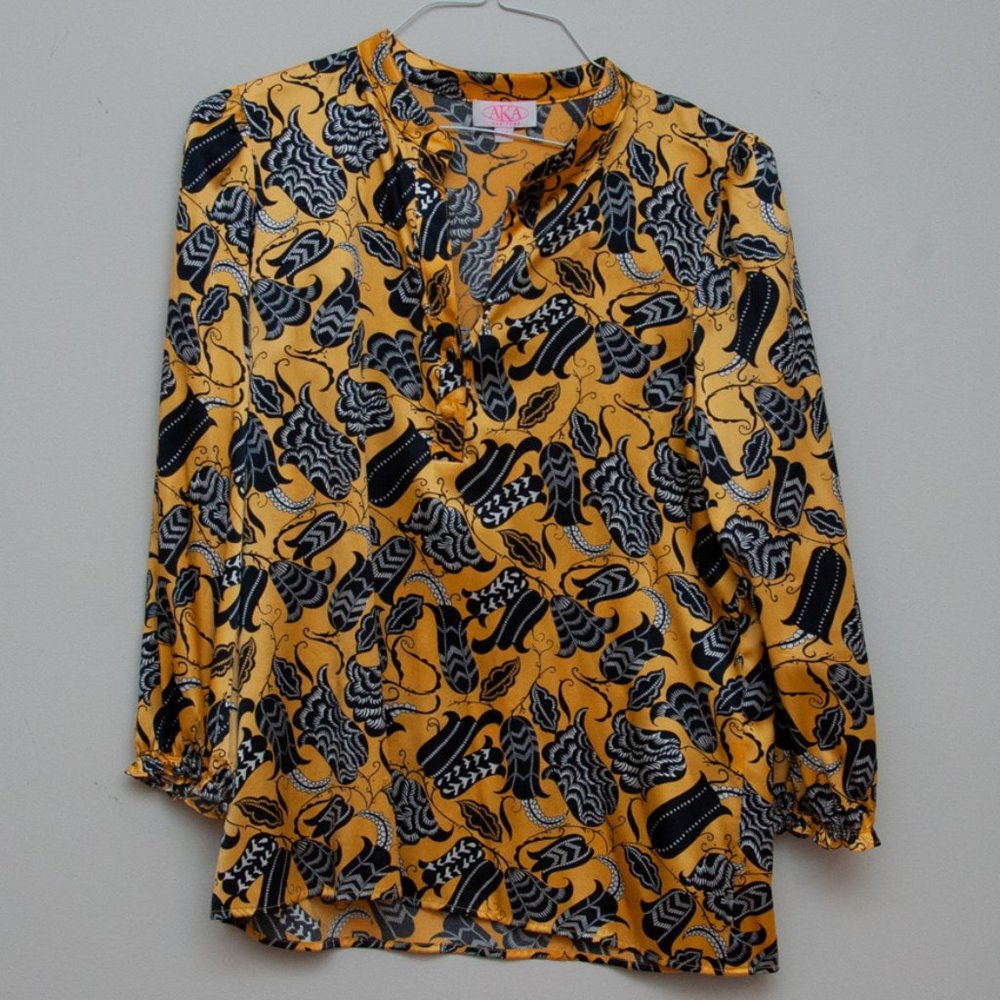 AKA New York Silk Yellow Floral Blouse Medium